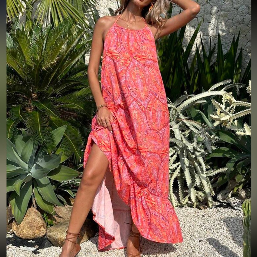 Boho Floral Paisley Print Hi Low Hem Backless Open Back Halter Maxi Dress - Picture 5 of 5